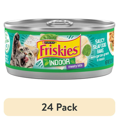 (24 pack) Purina Friskies Indoor, Saucy Seafood Bake, Wet Cat Food, 5.5 oz Can