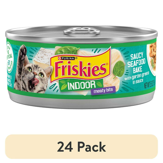 (24 pack) Purina Friskies Indoor, Saucy Seafood Bake, Wet Cat Food, 5.5 oz Can