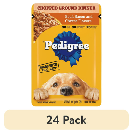 (24 pack) Pedigree Chopped Ground Dinner Wet Food with Beef, Bacon, & Cheese Flavor, 3.5 oz Pouches, 16 Count