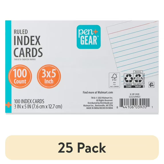 Pen+Gear Ruled Index Cards, 3" x 5", White, 100 Count