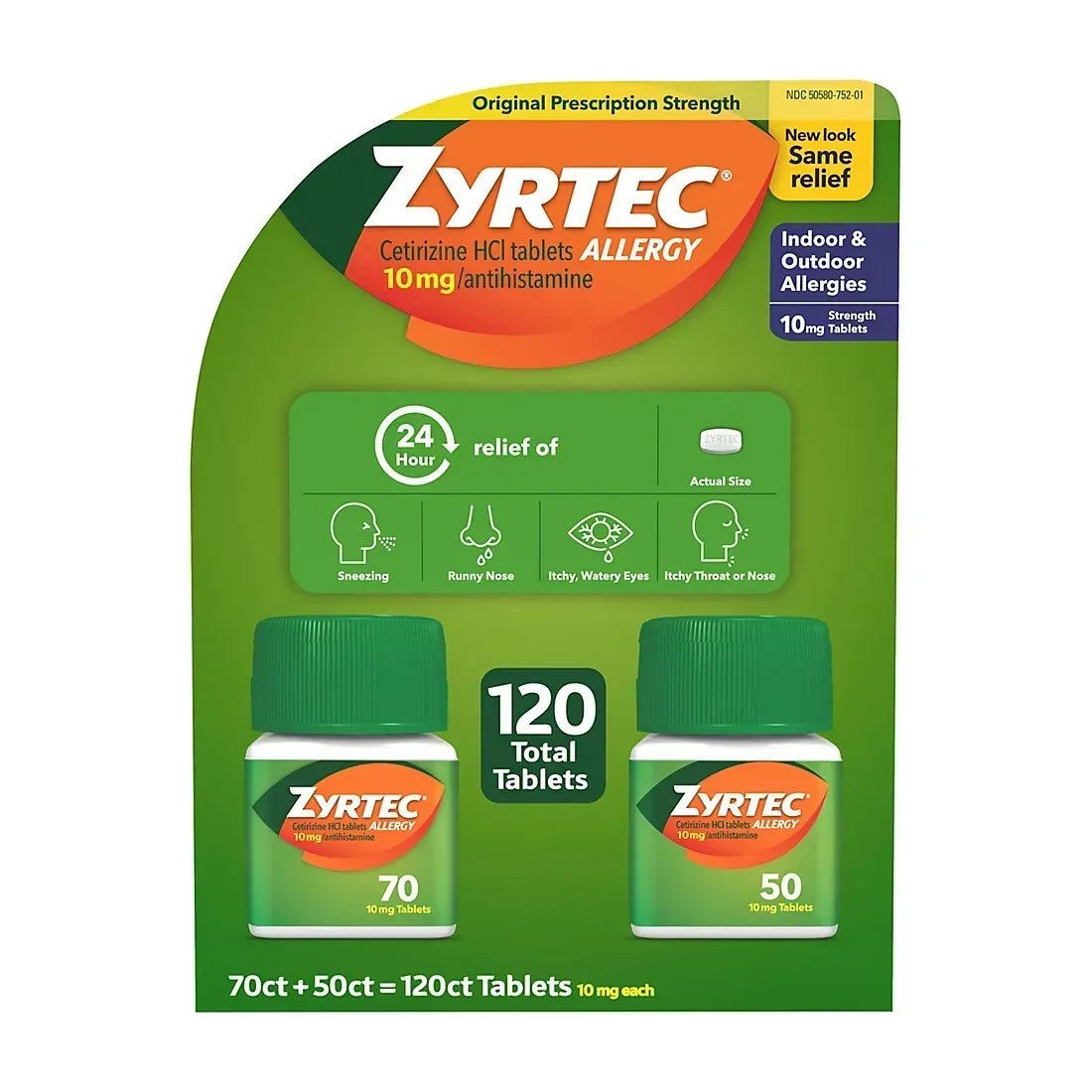 Zyrtec Allergy Tablets, Cetirizine Hydrochloride 10 mg, 24-Hour Allergy Relief, 120 Tablets