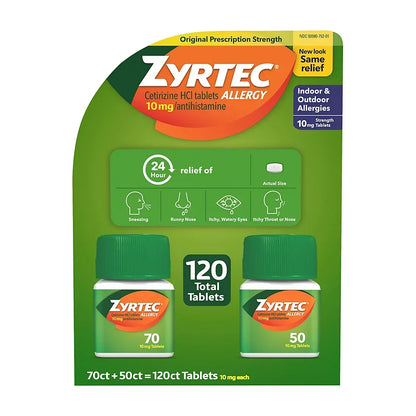 Zyrtec Allergy Tablets, Cetirizine Hydrochloride 10 mg, 24-Hour Allergy Relief, 120 Tablets
