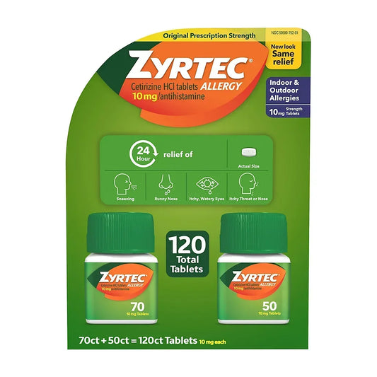Zyrtec Allergy Tablets, Cetirizine Hydrochloride 10 mg, 24-Hour Allergy Relief, 120 Tablets