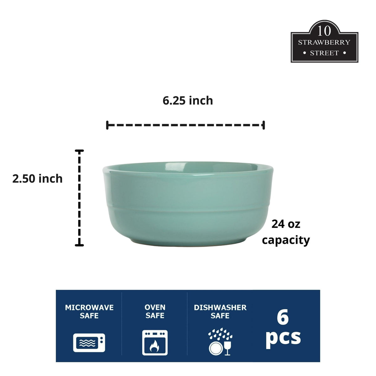 10 Strawberry Street Double Line 6.25"/24 oz Round Cereal Bowl, Set of 6, Seafoam