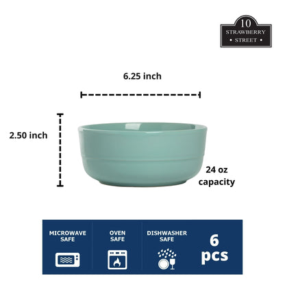 10 Strawberry Street Double Line 6.25"/24 oz Round Cereal Bowl, Set of 6, Seafoam