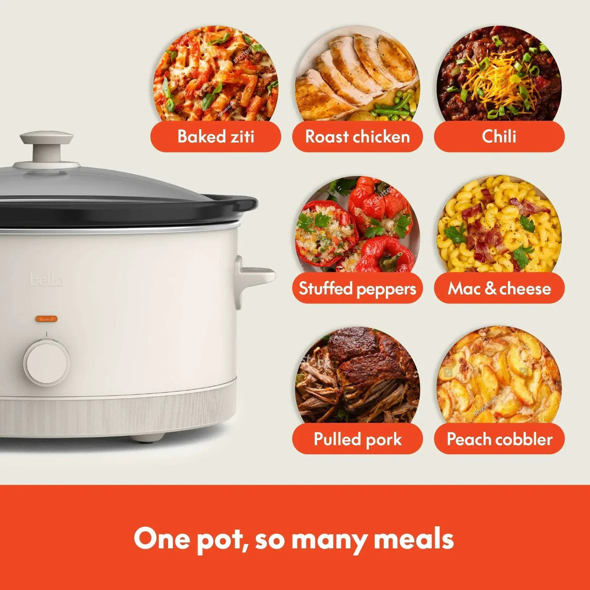 bella 6 Qt Manual Slow Cooker with 3 Temperature Settings, Ceramic Nonstick Coating, Dishwasher Safe Stoneware Pot & Tempered Glass Lid, Oatmilk