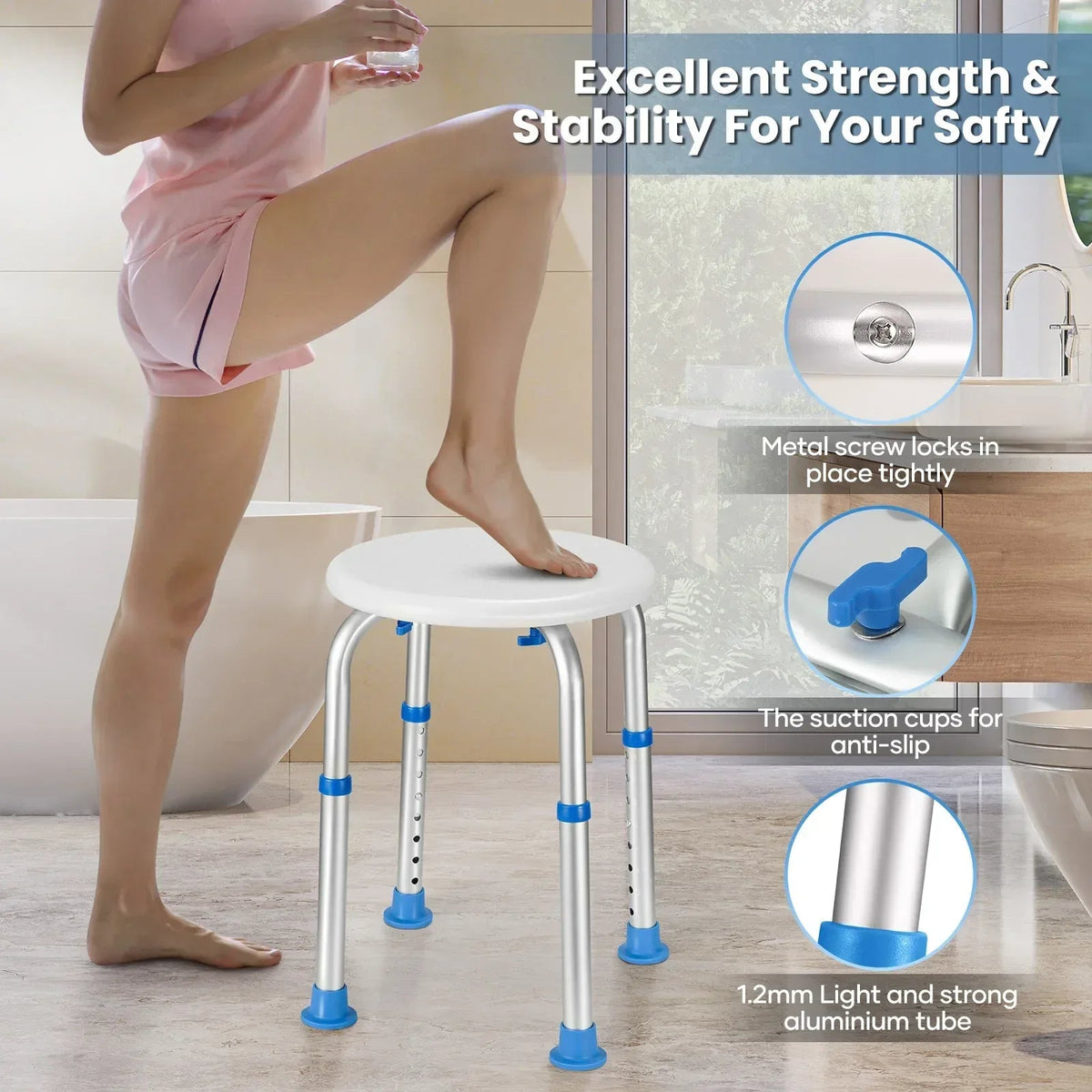 Naipo Shower Chair Bathtub Stool Seat w/ Anti-Slip Rubber, Adjustable Lightweight for Seniors, Disabled, Handicap, Tool-Free Assembly, Blue