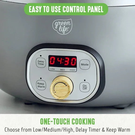 GreenLife 6 Quart Non Stick Family Meal Slow Cooker with Removable Pot, Cream