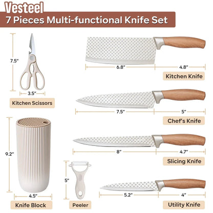 Vesteel Kitchen Knife Set of 7, Professional Stainless Steel Knives Set for Kitchen with Universal Knife Block - Khaki