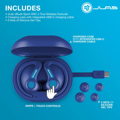 JLab JBuds Sport ANC 4 True Wireless Earbuds, Cobalt, Hybrid ANC, Touch Controls, Multipoint, App Customization