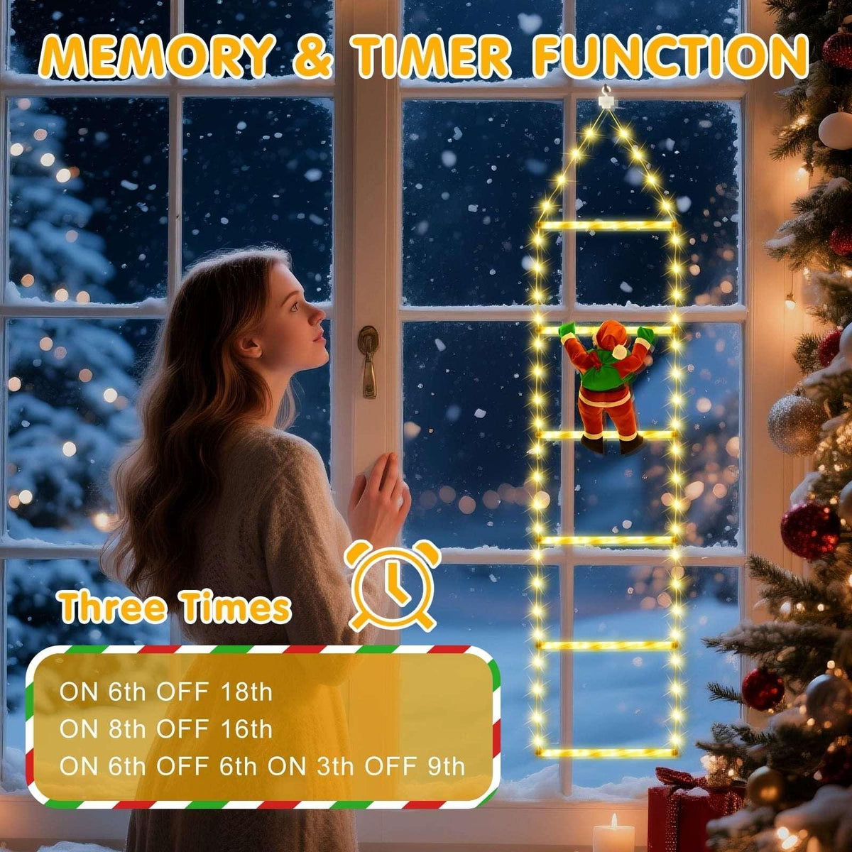 Fohil Christmas Lights, Novelty LED Ladder Lights with Climbing Santa, Christmas Decorations Indoor Outdoor, USB Rechargeable 8 Mode, Home Wall Door Decor