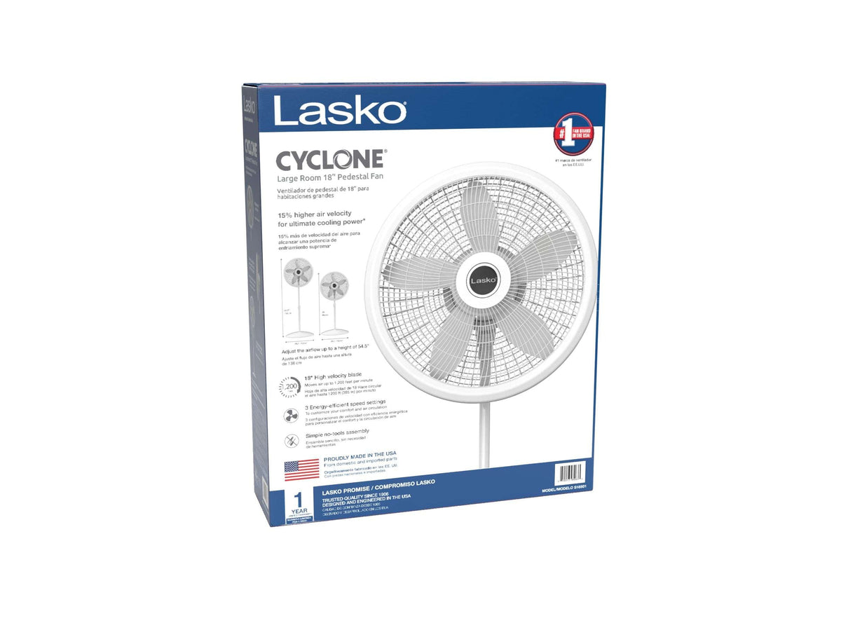 Lasko Cyclone 18" 3-Speed Adjustable Oscillating Pedestal Fan, White, S18931
