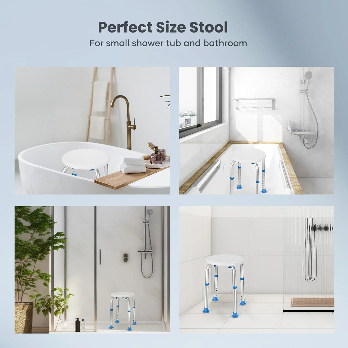 Naipo Shower Chair Bathtub Stool Seat w/ Anti-Slip Rubber, Adjustable Lightweight for Seniors, Disabled, Handicap, Tool-Free Assembly, Blue