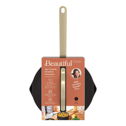 Beautiful 3 Quart Ceramic Non-Stick Covered Sauce Pan with Strainer Lid, Black Sesame by Drew Barrymore