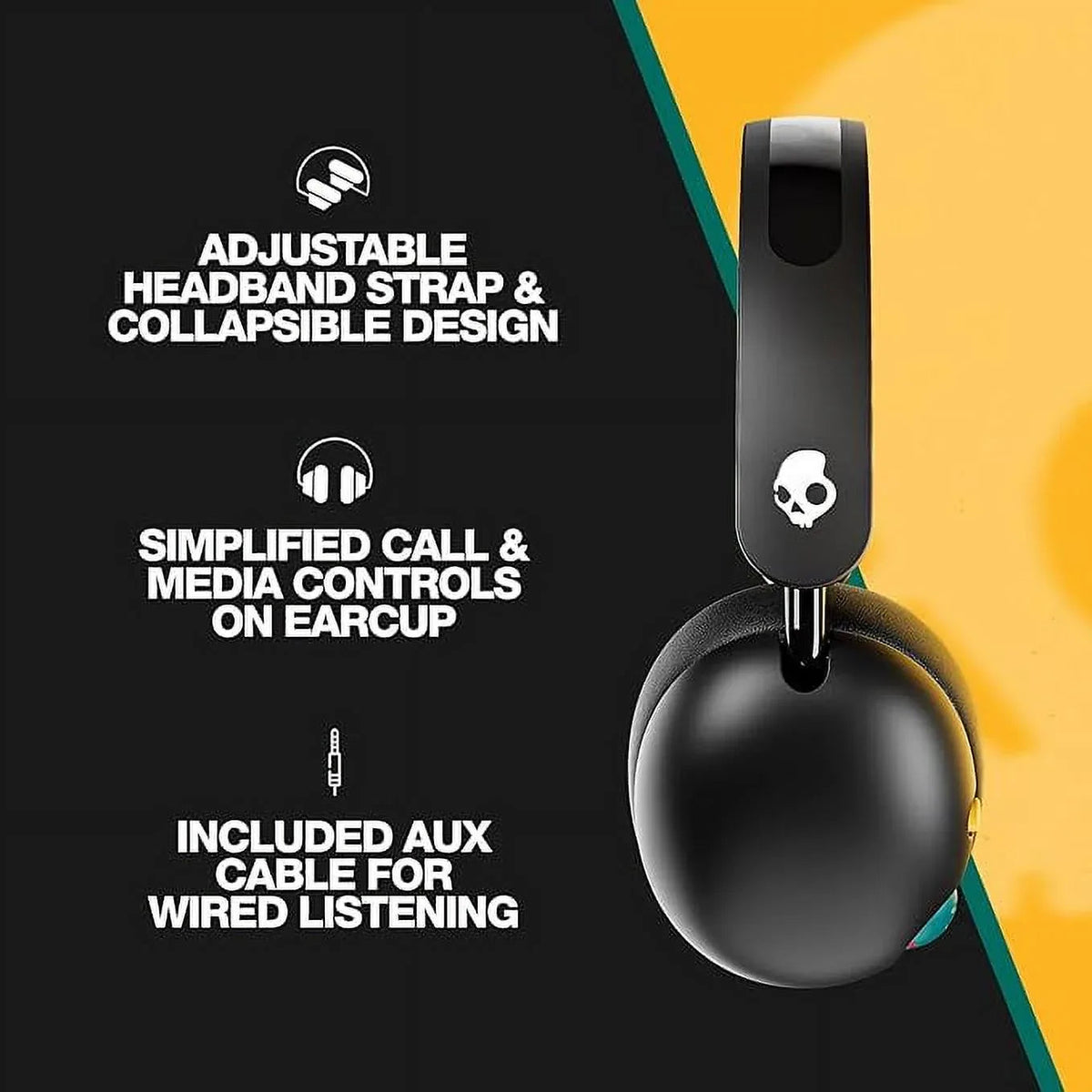 Skullcandy Grom Wireless XT Bluetooth Headphones, Designed for Kids, 3.5mm AUX Cable Included for Wired Connection, Black