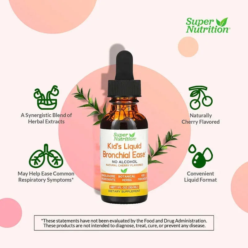 Super Nutrition, Kid's Liquid Bronchial Ease with Lovage Root, Fresh Yerba Santa Leaf, Licorice Root, and Mullein Leaf, No Alcohol, Cherry, 1 fl oz (30 ml)