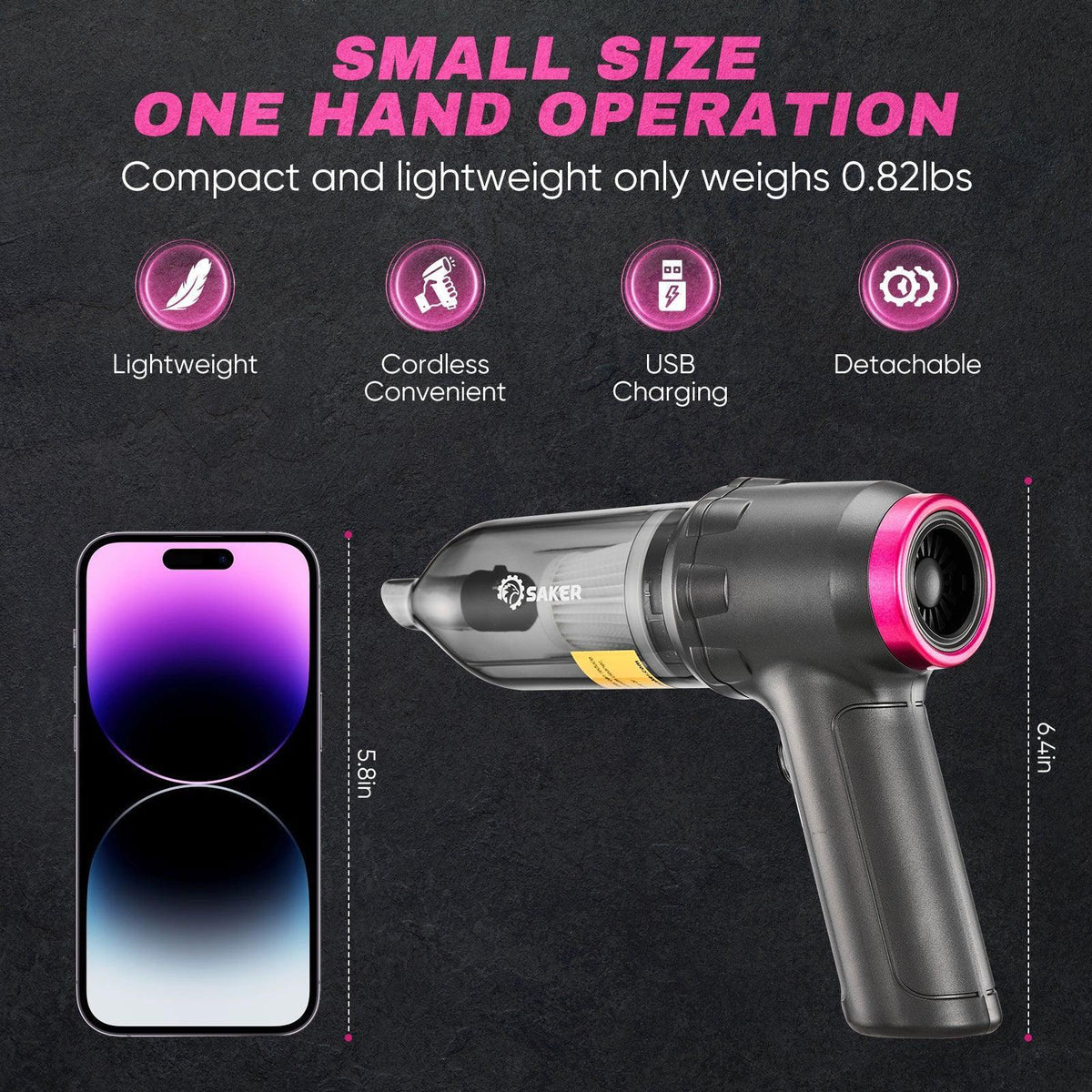 Saker 3-in-1 Car Vacuum Cleaner with 16000PA Powerful Suction, Cordless Handheld Vacuum Cleaner with Multi-Nozzles for Car, Home, Office, Pet