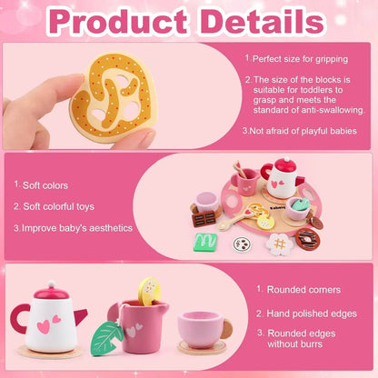 JoyStone Wooden Tea Party Set for Toddlers, Pretend Play Tea Sets for Kids with Storage Cupcake Stand, Wooden Toys Gifts for Girls & Boys