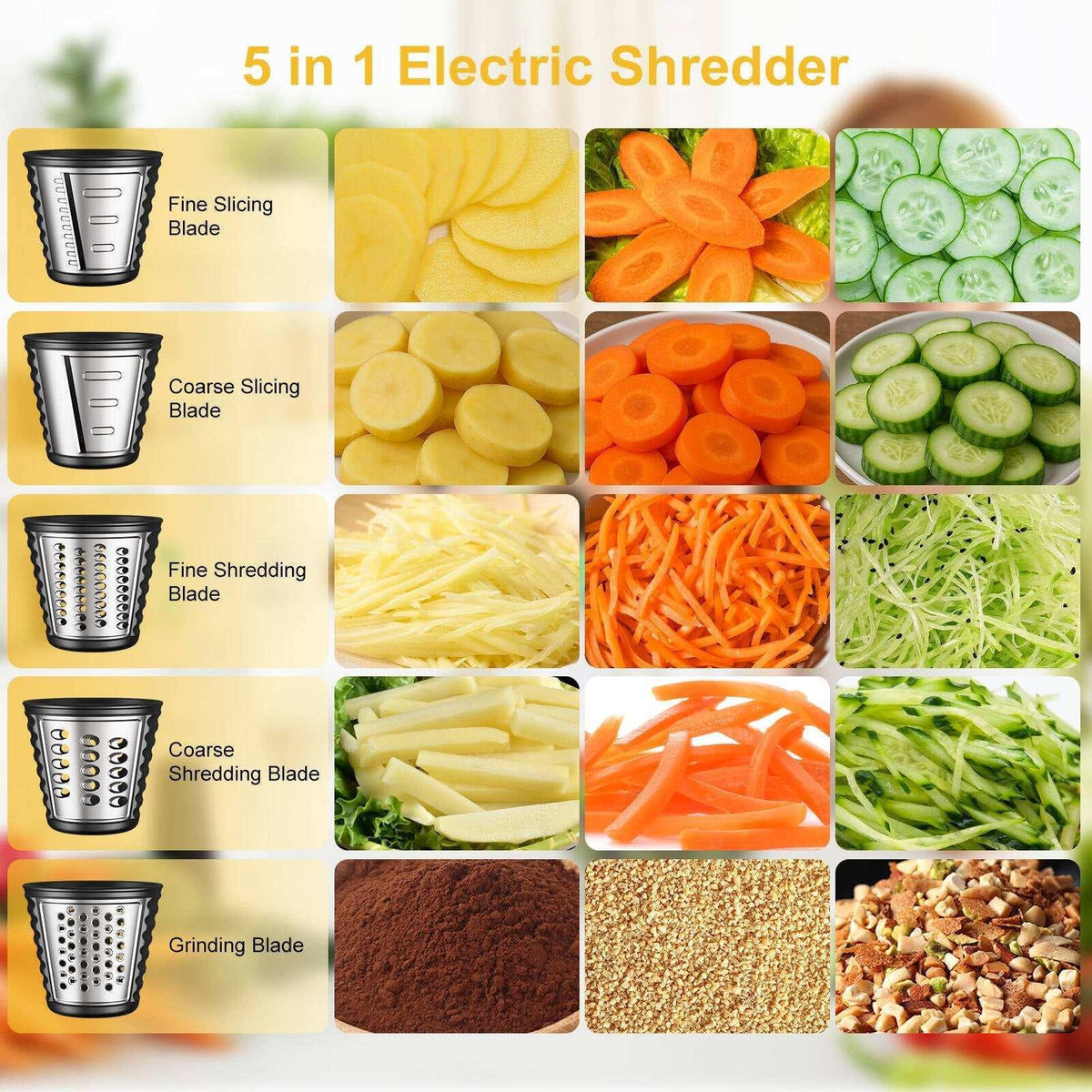 VAVSEA 5-in-1 Electric Cheese Grater, 400W Electric Cheese Shredder with 5 Stainless Blades, Salad Maker with One-Touch Control for Cheese, Vegetables and Fruits, Gifts for Christmas