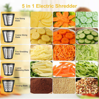 VAVSEA 5-in-1 Electric Cheese Grater, 400W Electric Cheese Shredder with 5 Stainless Blades, Salad Maker with One-Touch Control for Cheese, Vegetables and Fruits, Gifts for Christmas