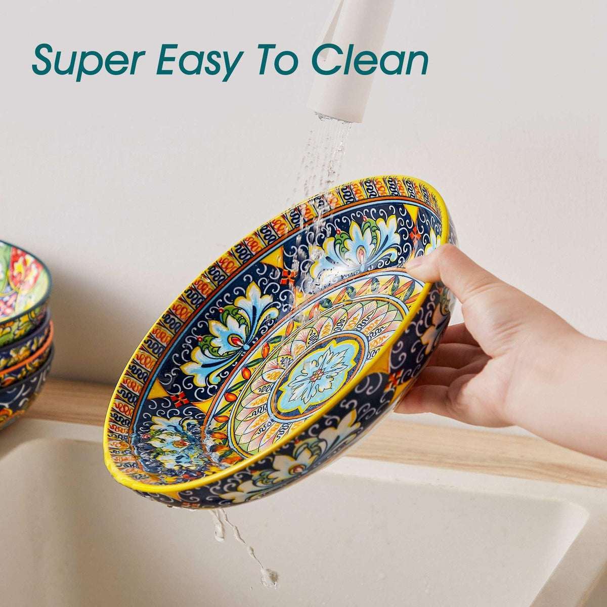 Malacasa Pasta Bowls, Ceramic Salad Bowls Set of 6, 42 oz Large Corlorful Serving Bowls for Kitchen, Dishwasher Microwave Safe Soup Bowls Set, Pasta Plates