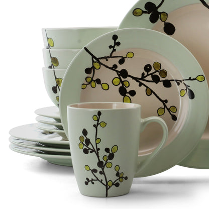 Elama Retro Bloom 16 Piece Round Stoneware Dinnerware Set in Green