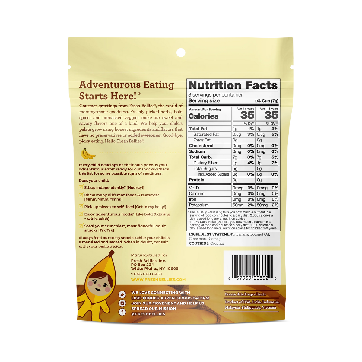 Fresh Bellies Banana-Fana-Fofana Freeze-Dried Toddler Snack, 0.75 oz, Resealable Pouch, 3 Ingredients, Vegan, Gluten-Free