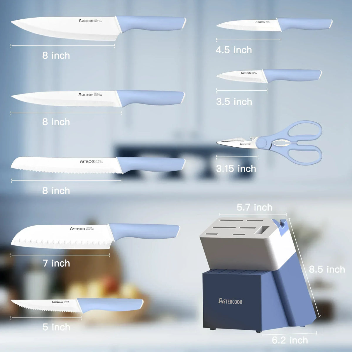 Astercook Knife Set, 14 Pieces Kitchen Knives Set with Healthy Anti-Rust Coating, Stainless Steel Knife Sets with Built-in Sharpener, Sharp & Rust Resistant Dishwasher Safe