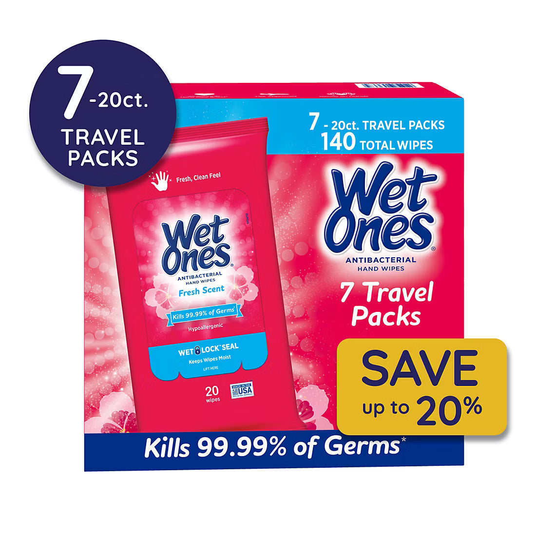 Wet Ones Antibacterial Hand Wipes Travel Pack - Fresh Scent, 7 pk./20 ct.