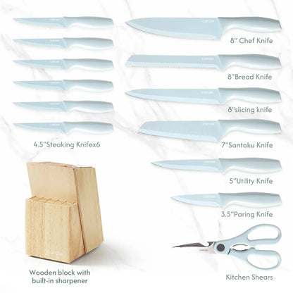 Carote 15-Piece Premium Kitchen Knife Set, Ceramic-Coated Blades with Stylish Wooden Block