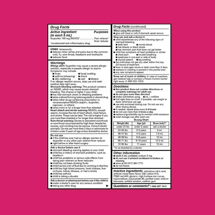 Equate Children’s Ibuprofen Oral Suspension, 100 mg/5 mL, Berry Flavor, Ages 2 to 11 Years, 8 fl oz