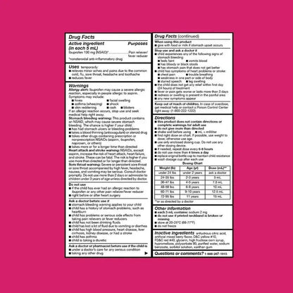 Equate Children’s Ibuprofen Oral Suspension, 100 mg/5 mL, Berry Flavor, Ages 2 to 11 Years, 8 fl oz