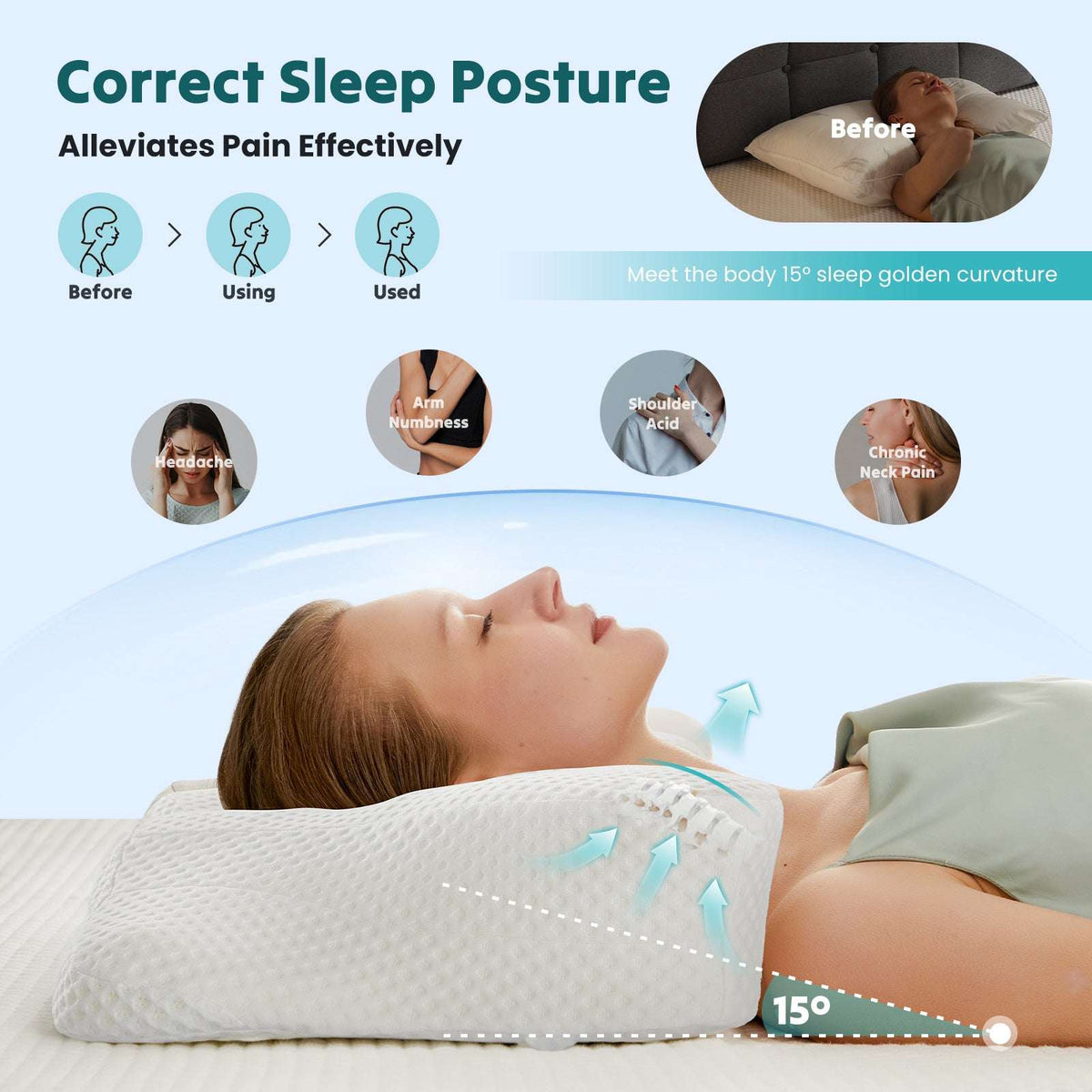 GIANNA Ergonomic Cervical Memory Foam Pillow for Neck and Shoulder Pain Relief, Cooling Contour Orthopedic Support Pillow with Breathable Washable Cover, Queen Size, Dark Gray