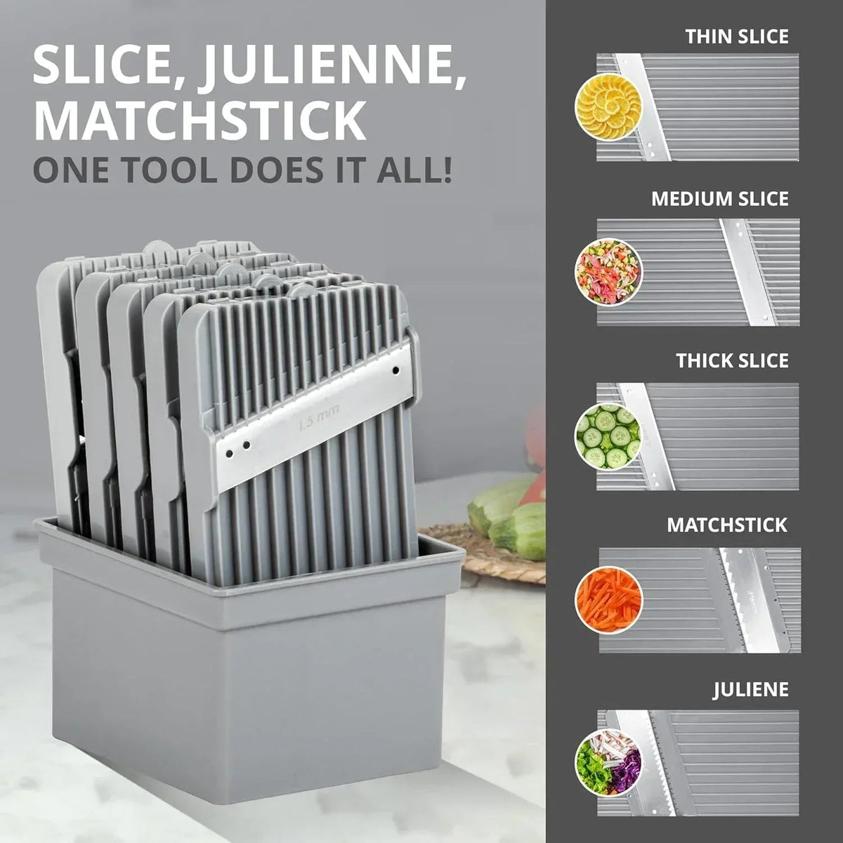 Emson Mandoline Slicer for Kitchen, All in 1 Mandolin Slicer for Food Works as Potato Slicer, Vegetable Slicer, Mandoline Food Slicer, French Fry Cutter with 5 Blades and Storage Container, Gray