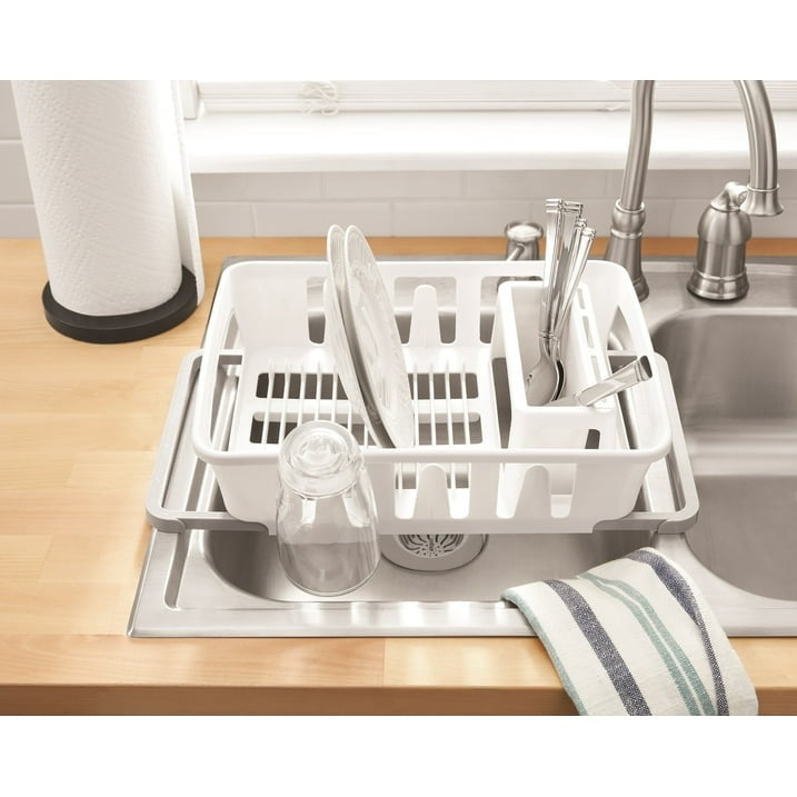 Mainstays Expandable Kitchen Dish Drying Rack with Utensil Holder, Countertop Dish Drainer Rack for Plates, Cups and Kitchen Sink Organization, White