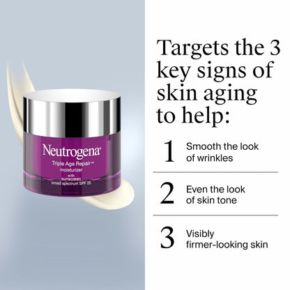 Neutrogena Triple Age Repair Face Moisturizer - with Hexinol Technology & Vitamin C, Anti-Wrinkle Face Cream with SPF 25, Visibly Reduces Wrinkles & Firms Skin, 1.7 oz