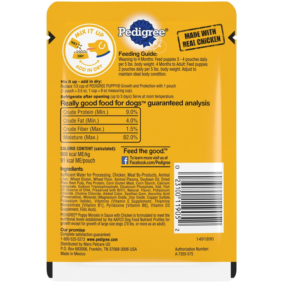 Pedigree Puppy Food Morsels in Sauce, Wet Dog Food, Chicken Flavor, 3.5 oz. Pouches, 16 Count