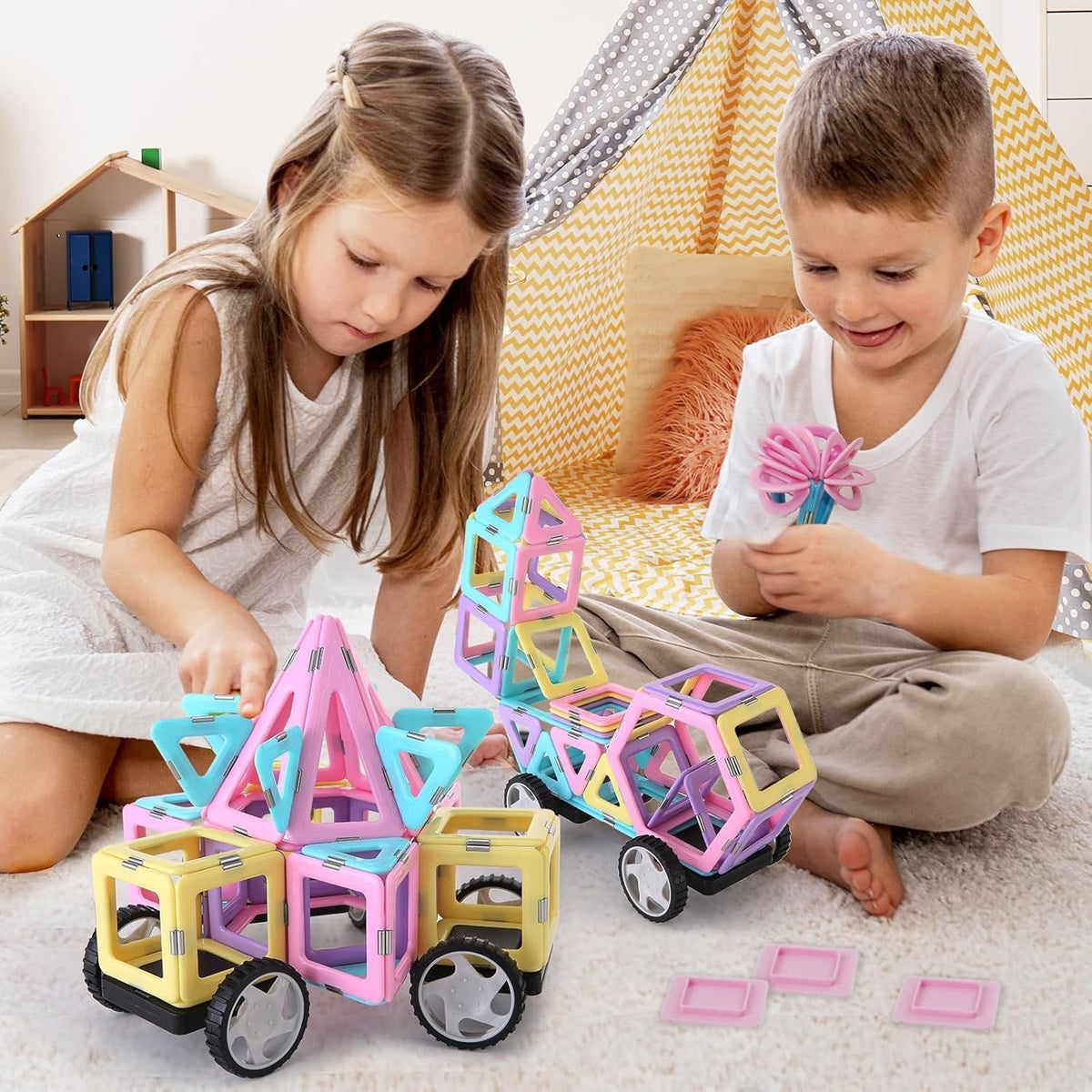Magnetic Tiles 80pcs Magnet Building Blocks Set Creative Stacking Toys for Kids, 3D DIY Construction Kit Preschool Child Montessori Toys STEM Learning Toys Gifts for Girls Boys 3 4 5 6 7 Years
