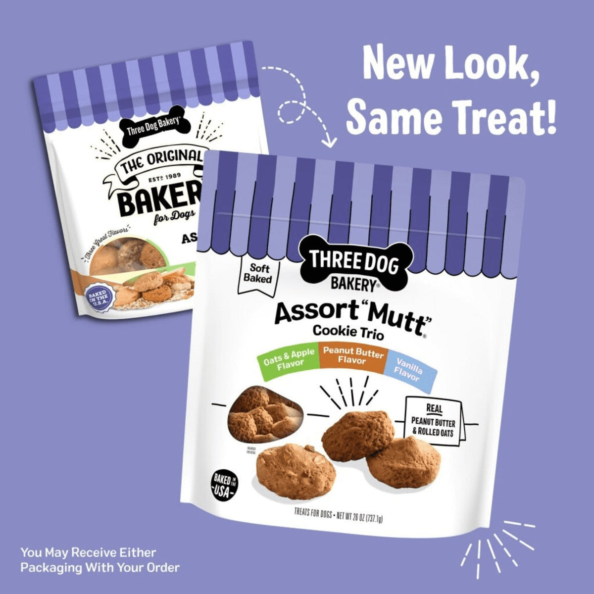 Three Dog Bakery Peanut Butter, Vanilla, Oats & Apple Flavor Soft Dog Treats, 26 oz. Bag