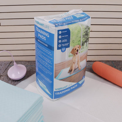 Vibrant Life Training Pads – Super Absorbent, Leak Proof, & Fast Dry Dog and Puppy Pee Pads – L 22 in x 22 in, 50 Count