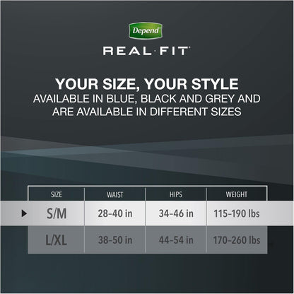 Depend Real Fit Adult Diapers, Incontinence Underwear for Men, Disposable, Maximum Absorbency, Small/Medium, Black, 56 Count (2 Packs of 28), Packaging May Vary