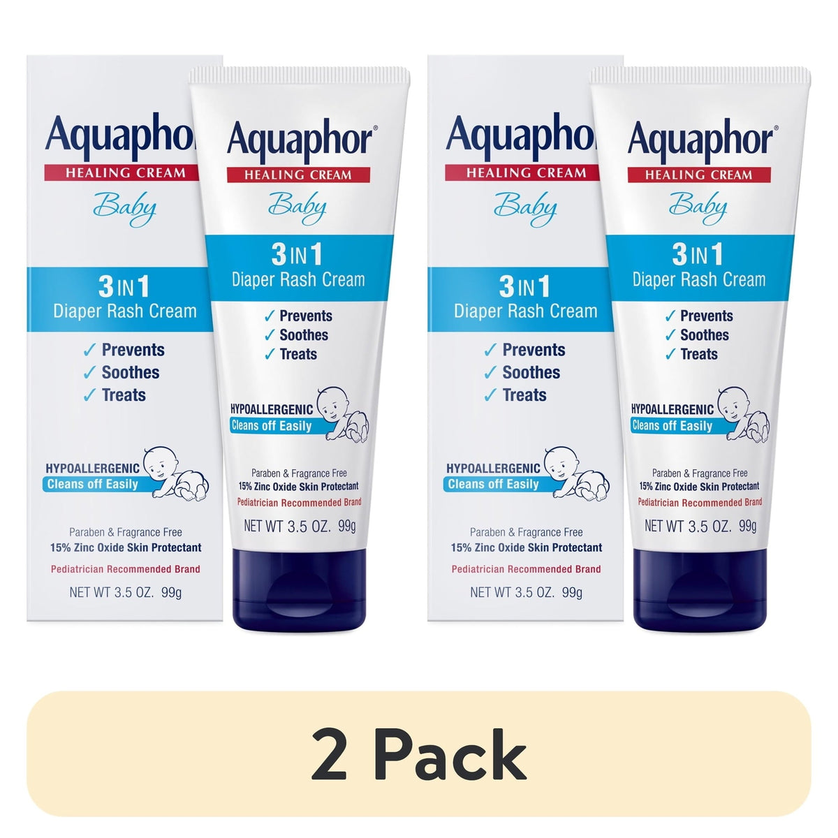 Aquaphor Baby Diaper Rash Cream with Zinc Oxide, Hypoallergenic, Paraben and Fragrance Free, 3.5 oz