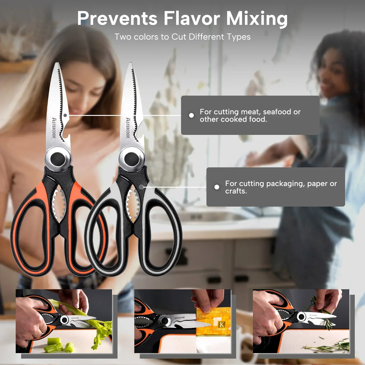 Astercook 2 Pcs Kitchen Scissors, Heavy Duty Shears with Serrated Blade, Ergonomic Handle Food Scissor for Poultry, Herbs, Vegetables Dishwasher Safe