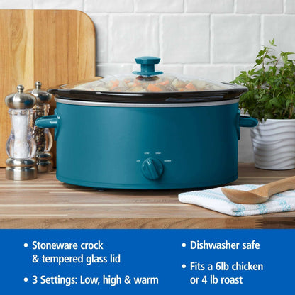 Mainstays Corsair Blue 6 Quart Oval Slow Cooker with Glass Lid