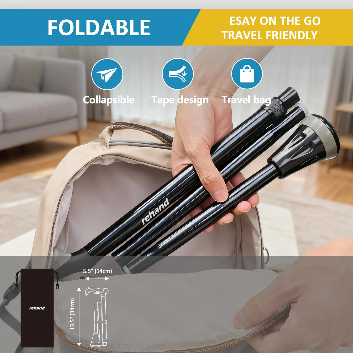 REHAND Adjustable Foldable Walking Cane for Seniors - Lightweight Heavy Duty Canes with Non-Slip Grip, Collapsible Design (Black)
