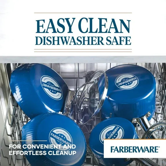 Farberware Style 10 Pcs Nonstick Cookware Set with Cooking Tools, Dishwasher Safe and Oven Safe to 500°F, Blue