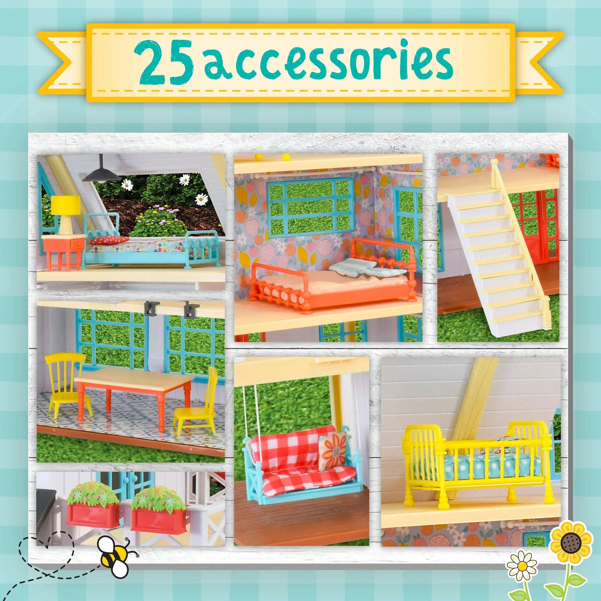 Honey Bee Acres Buzzby Farmhouse – 25 Piece Three-Story Country Dollhouse with Furniture & Exclusive Rabbit Figure – Doll Playset for Kids Ages 3+