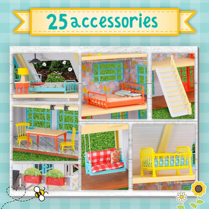 Honey Bee Acres Buzzby Farmhouse – 25 Piece Three-Story Country Dollhouse with Furniture & Exclusive Rabbit Figure – Doll Playset for Kids Ages 3+