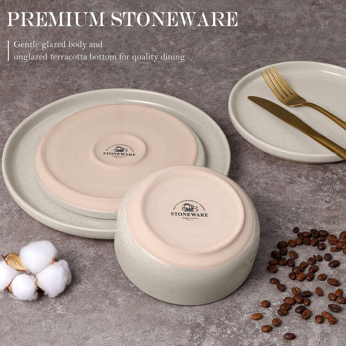 Vesteel 12-Piece Dinnerware set, Ceramic Plates and Bowls set for 4, Speckled Stoneware Dishes Set for Family, Microwave & Dishwasher Safe - Cappuccino Brown
