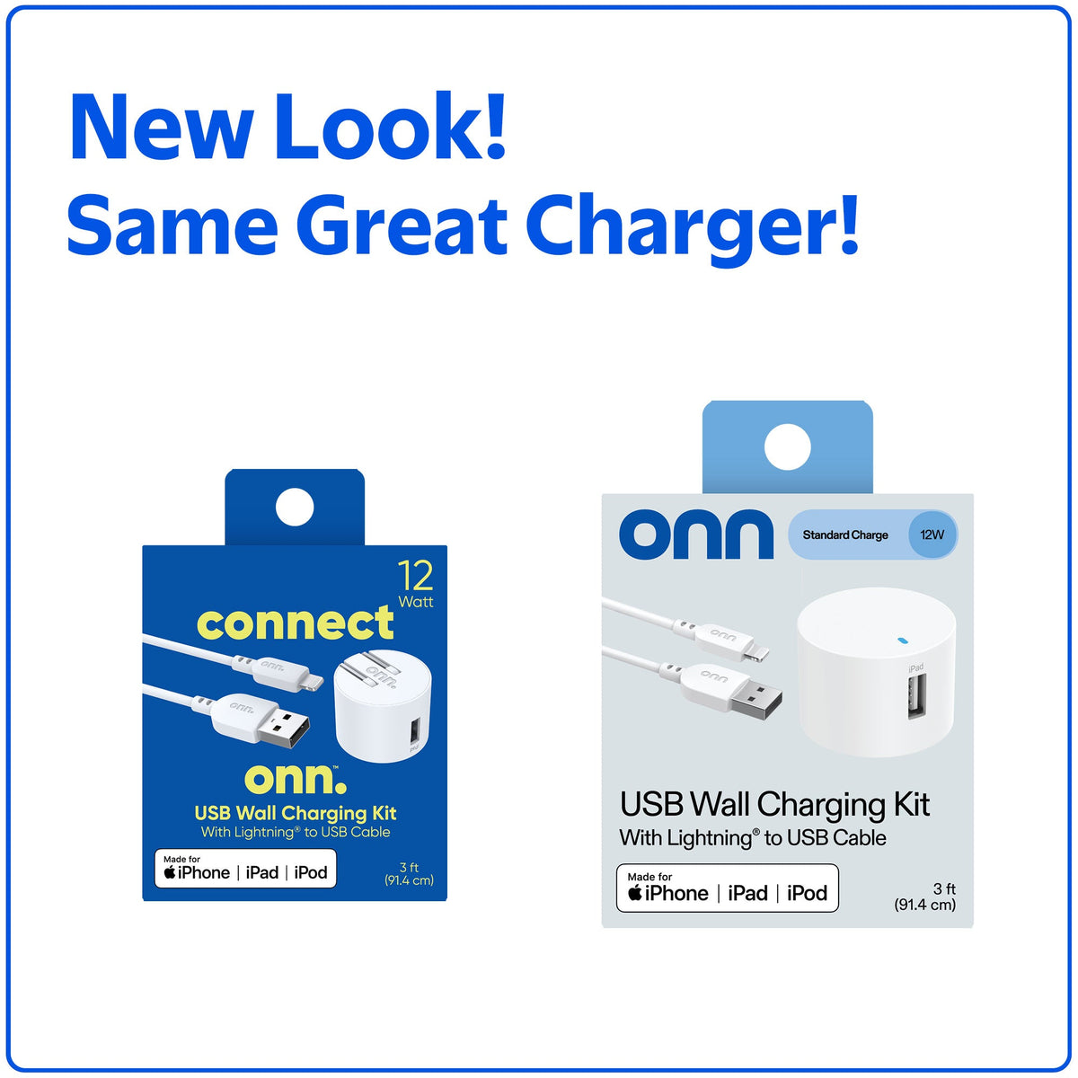 onn 12W Single USB-A Port Wall Charger with 3ft Lightning to USB Cable, MFI Certified Foldable Plug, White - Compatible with iPhone 14/13/12/11/X/XR/XS/8/7/6/5, iPad, Airpods and more